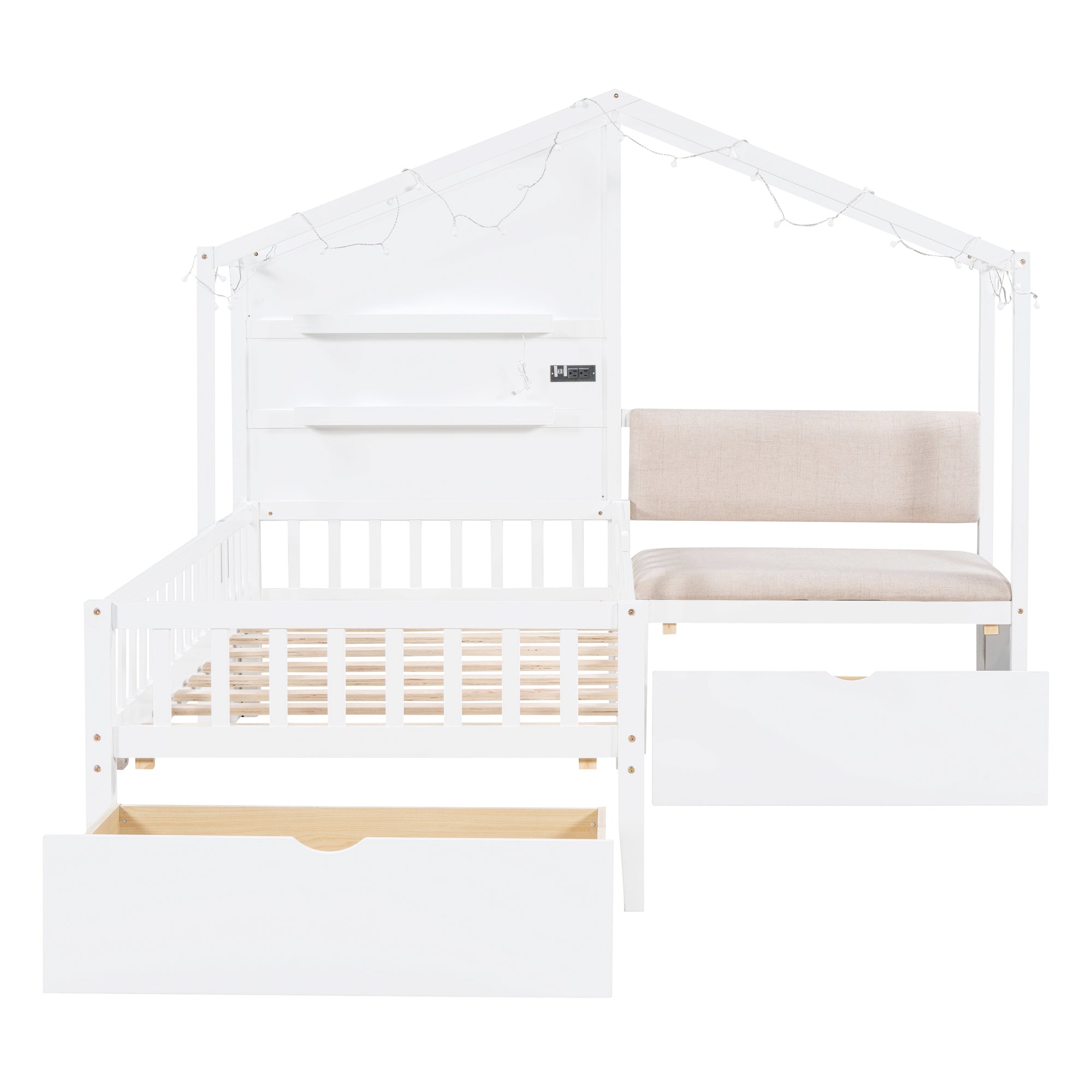 Twin Size House Bed with Upholstered Sofa, House Bed with Charging Station, Wireless Charging, Shelves and Two Drawers, White - Atlantic Fine Furniture Melbourne FL