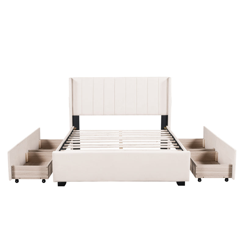 Full Size Upholstered Bed with 4 Drawers, Beige