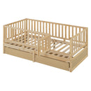 Daybed With Fence Guardrails And 2 Drawers, Split Into Independent Floor Bed & Daybed