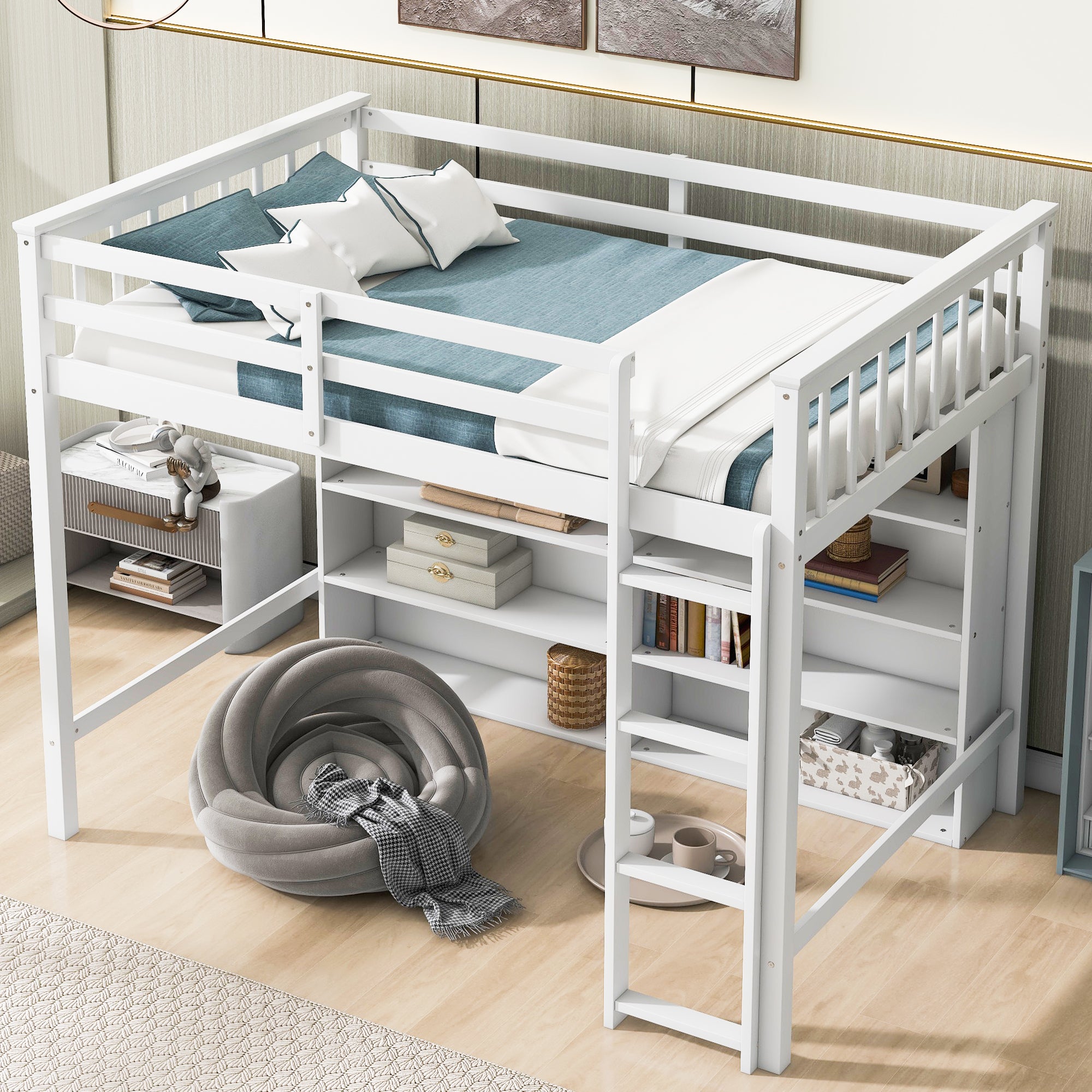 Twin Size Loft Bed with 8 Open Storage Shelves and Built-in Ladder, White - Atlantic Fine Furniture Melbourne FL