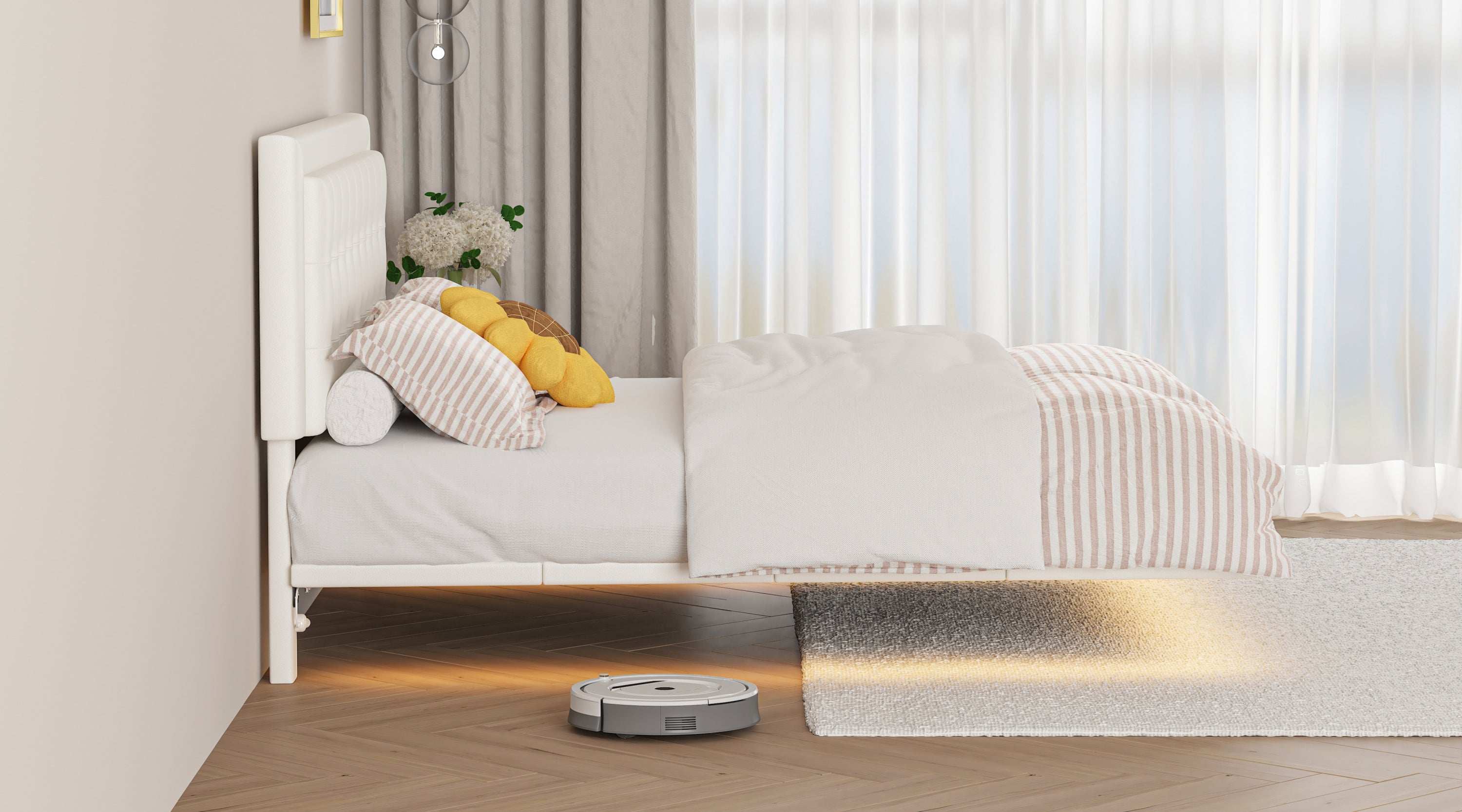 Queen Size Floating Bed Frame with Motion Activated Night Lights,Modern PU Upholstered Button Tufted Platform Bed Frame,White - Atlantic Fine Furniture Melbourne FL