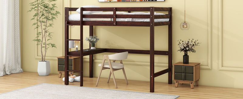 Loft Pine Wood Bed With Built-In Desk, Safety Guardrails, Ladder