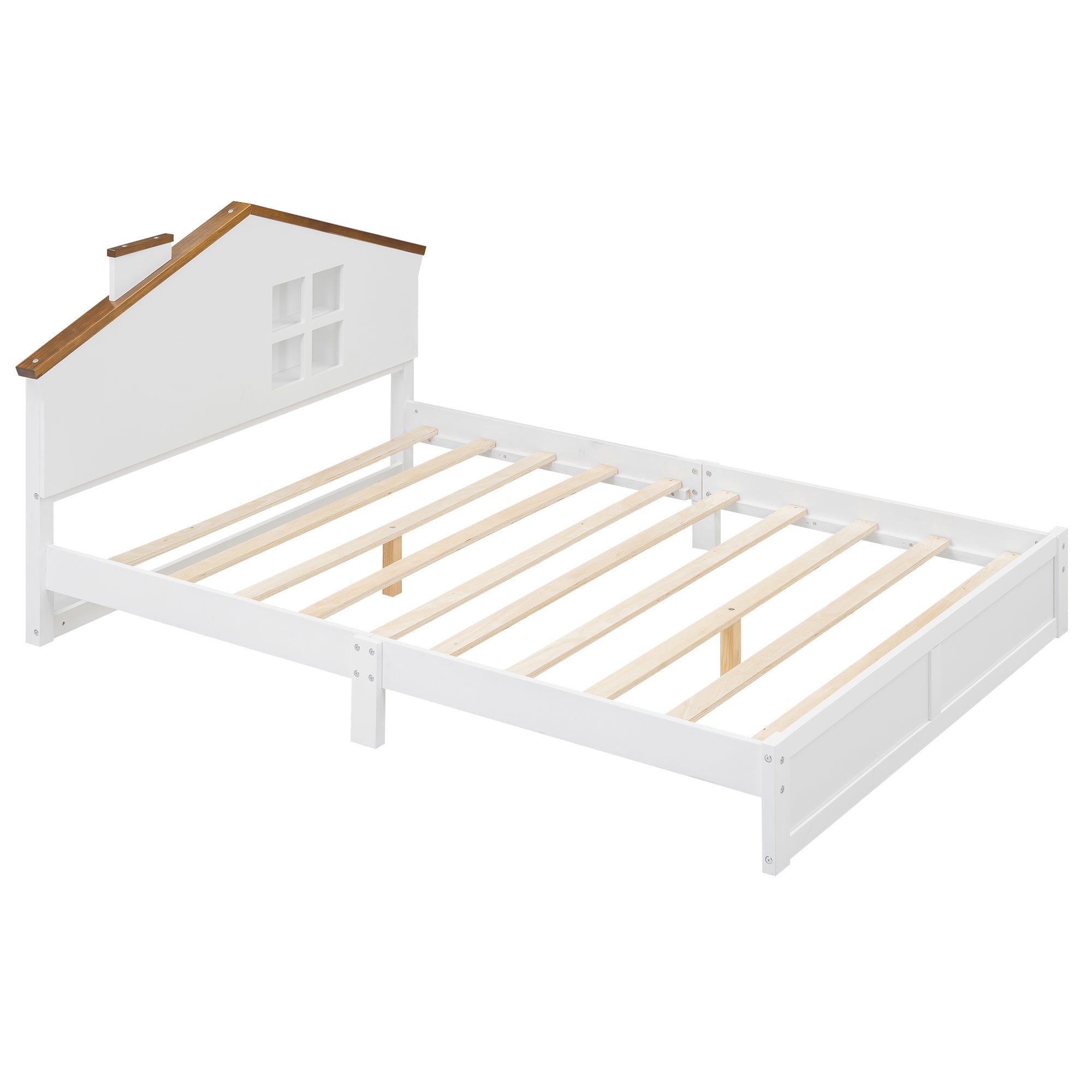 Full Size Wood Platform Bed with House-shaped Headboard and Built-in LED, Walnut+White - Atlantic Fine Furniture Melbourne FL
