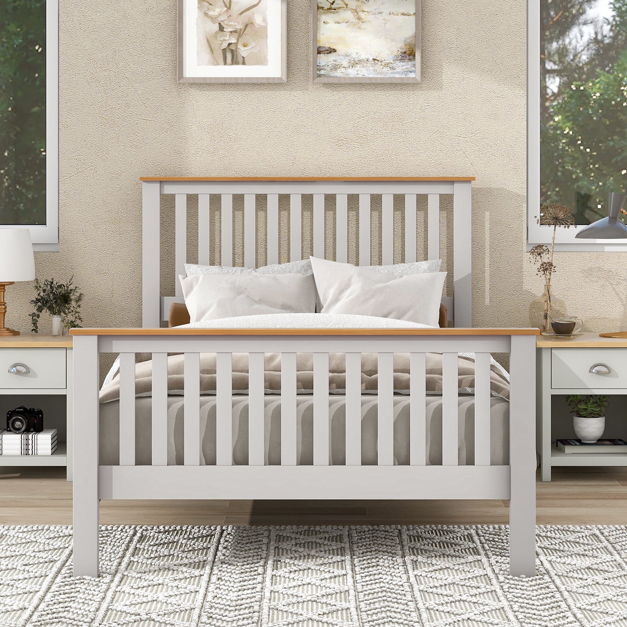 Country Style Concise Gray Solid Platform Bed with Oak Top, No Box Spring Needed, Full - Atlantic Fine Furniture Melbourne FL