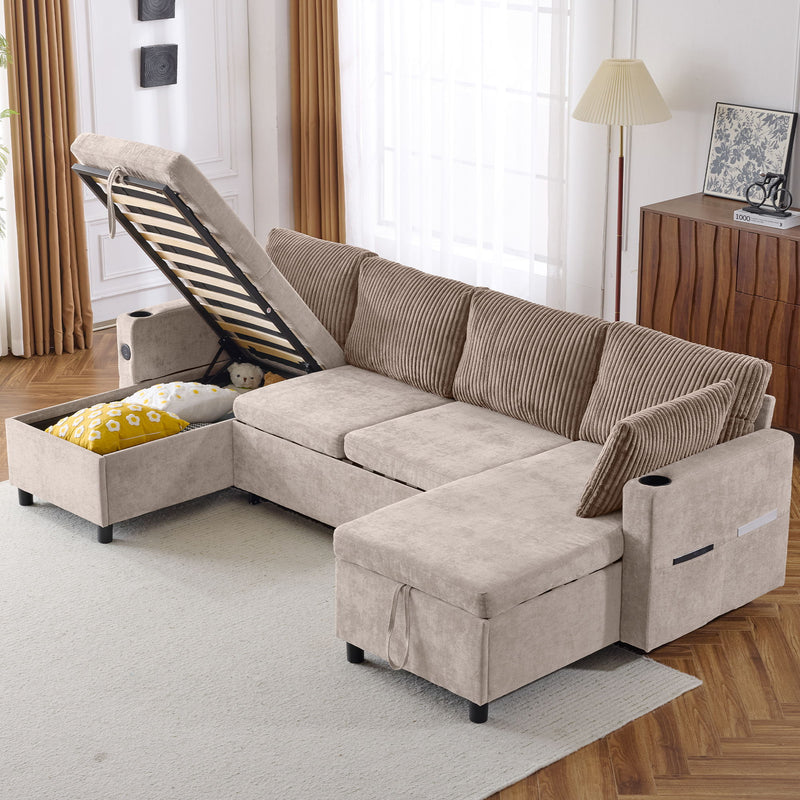 Sectional Sofa Bed With Pull Out Sleeper, USB Ports, Cup Holders