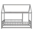 Floor Wooden Bed With House Roof Frame, Fence Guardrails