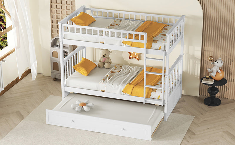 Twin over Twin Bunk Bed with Twin Size Trundle, Convertible Beds, White