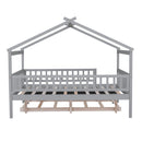 Full Size Wooden House Bed with Twin Size Trundle, Gray