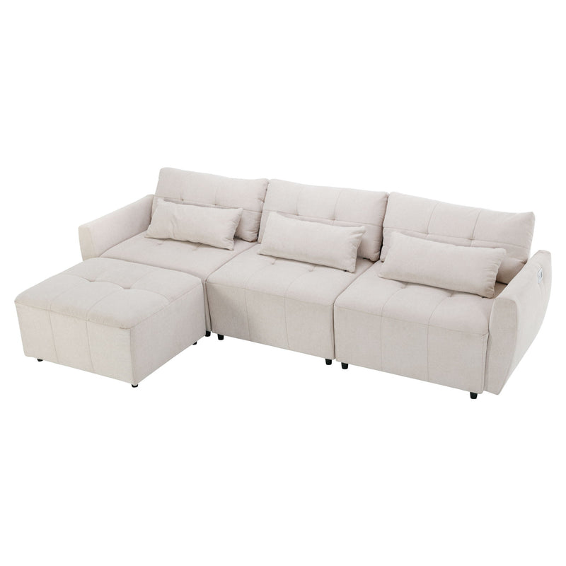 Convertible Sectional Sofa Couch 3 Seat L-Shaped Sofa With Movable Ottoman And USB For Apartment, Living Room, Bedroom