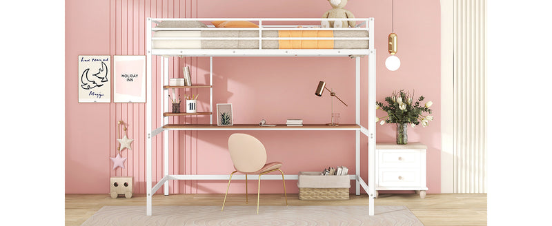 Full Metal Loft Bed with Desk and Shelve, White
