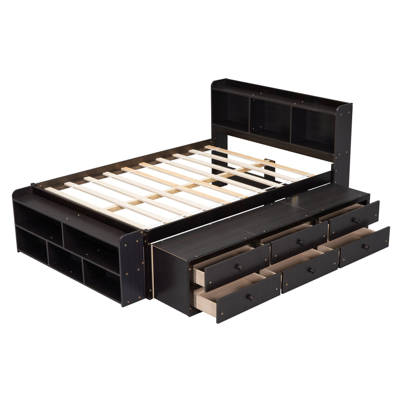 Full Bed with Bookcase Headboard, Under bed Storage Drawers and Bed End Storage Case,Espresso