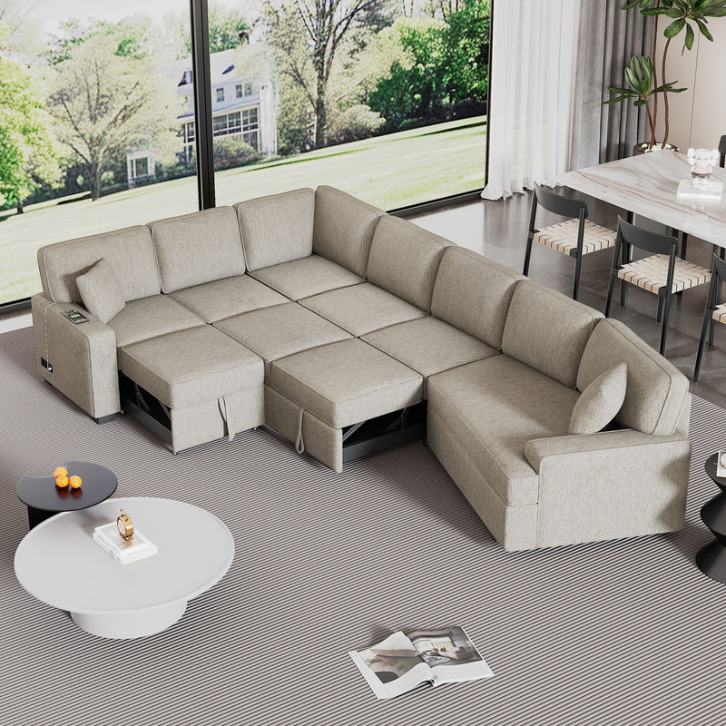 L-Shaped Sofa Sectional Sofa Couch Pull-Out Sofa Bed With Charging Devices And Cup Holders For Living Room