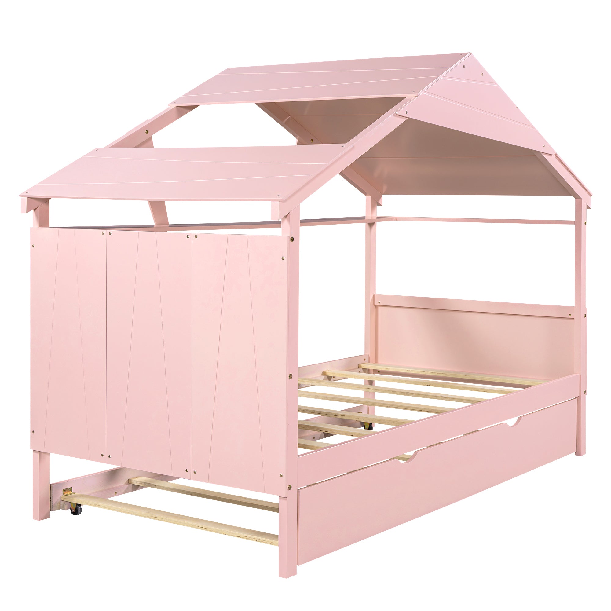Wood Twin Size House Bed with Trundle and Storage, Pink - Atlantic Fine Furniture Melbourne FL