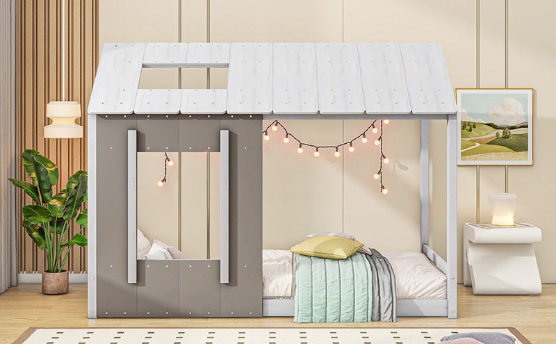 Twin Size House Platform with Roof and Window, White+Antique Grey(Old SKU: WF294130AAE)