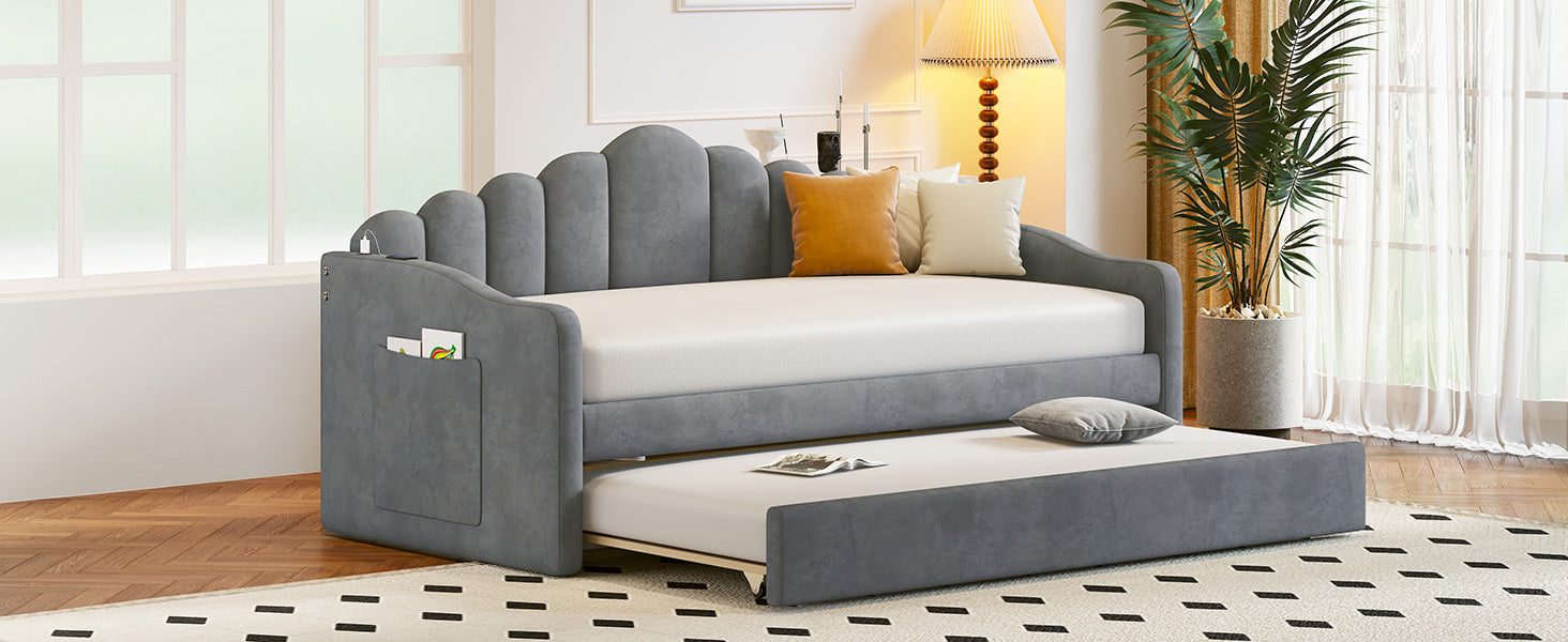 Twin size Upholstered Daybed with Trundle ,Velvet Sofabed with USB Charging Ports,No Box-spring Needed,Gray - Atlantic Fine Furniture Melbourne FL