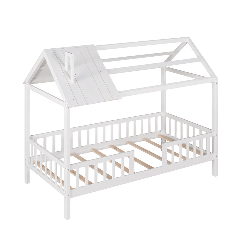 Twin Size Wood House Bed with Fence, White