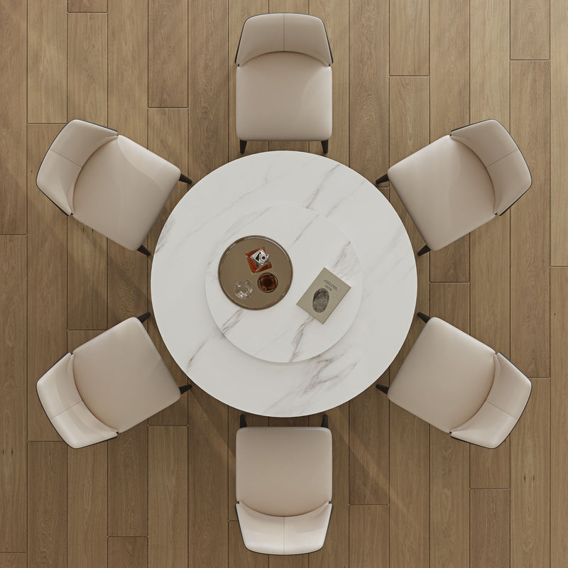 Modern Sintered Stone Dining Table With Round Turntable, Metal Pedestal, And Chairs