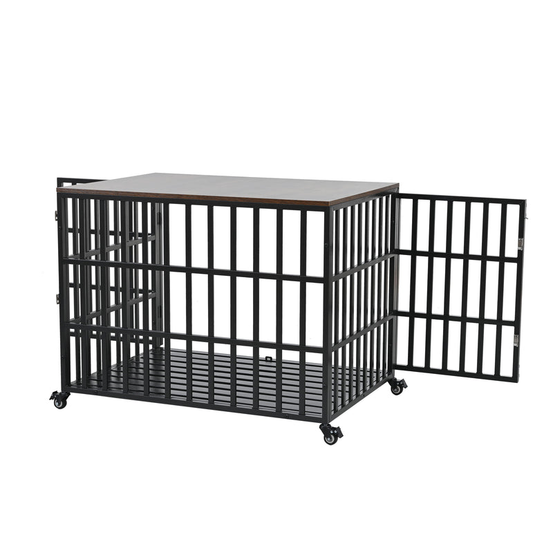 Heavy Duty Dog Crate For Large Medium Dogs, Furniture Style Cage With 4 Lockable Wheels And 2 Locks, Decorative Pet House Wooden Cage Kennel Furniture Indoor - Black