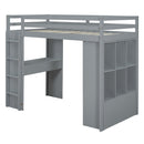 Full Size Loft Bed with large shelves, writing desk and LED Light, Gray