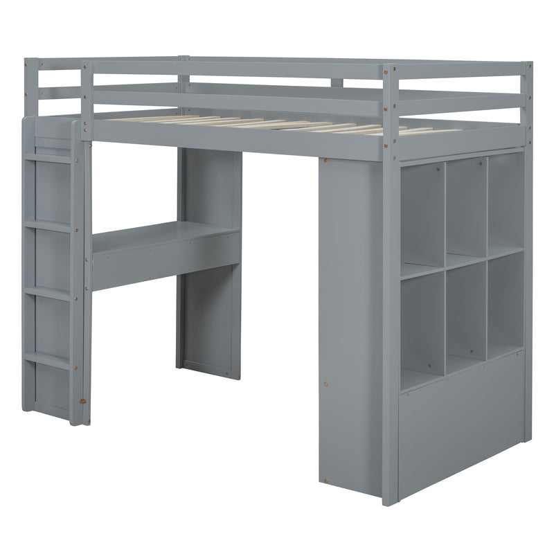Full Size Loft Bed with large shelves, writing desk and LED Light, Gray
