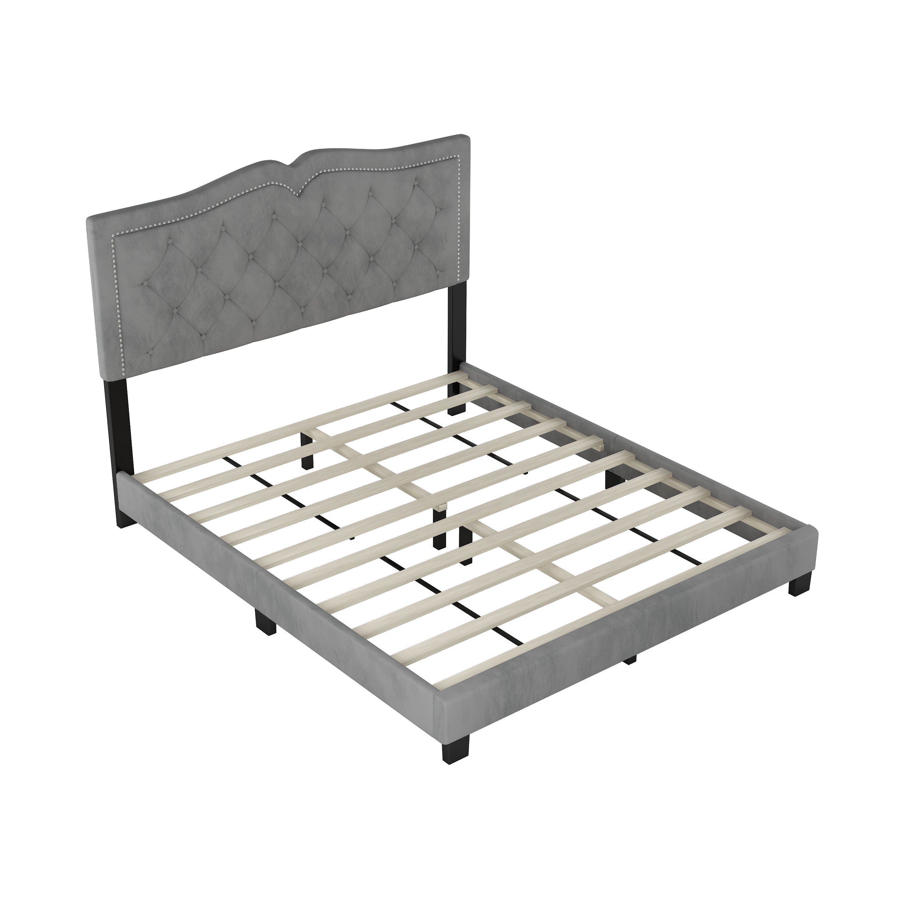 Queen Size Upholstered Bed Frame with Rivet Design, Modern Velvet Platform Bed with Tufted Headboard,Gray - Atlantic Fine Furniture Melbourne FL