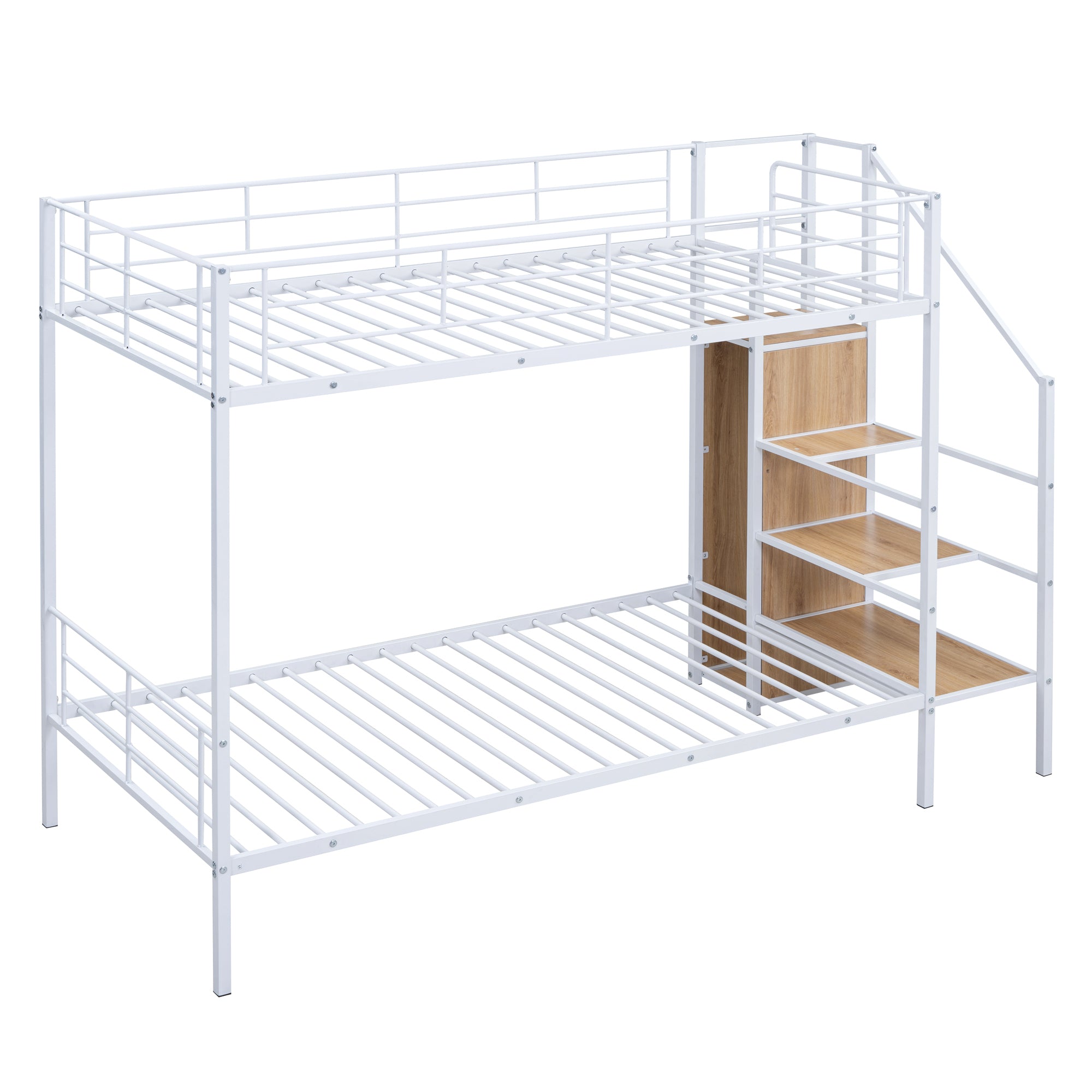 Twin Over Twin Metal Bunk Bed with Lateral Storage Ladder and Wardrobe, White - Atlantic Fine Furniture Melbourne FL