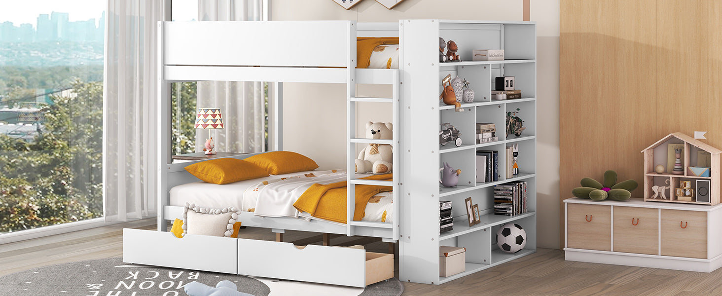 Full over Full Bunk Bed With 2 Drawers and Multi-layer Cabinet, White - Atlantic Fine Furniture Melbourne FL