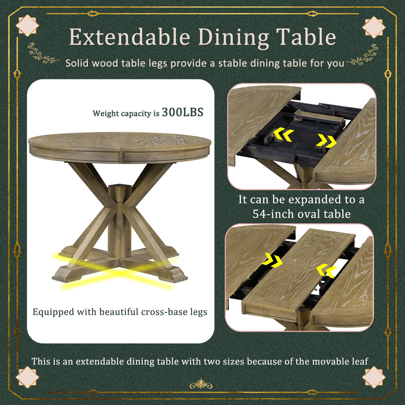 Functional Furniture Retro Style Dining Table Set With Extendable Table And 4 Upholstered Chairs For Dining Room And Living Room