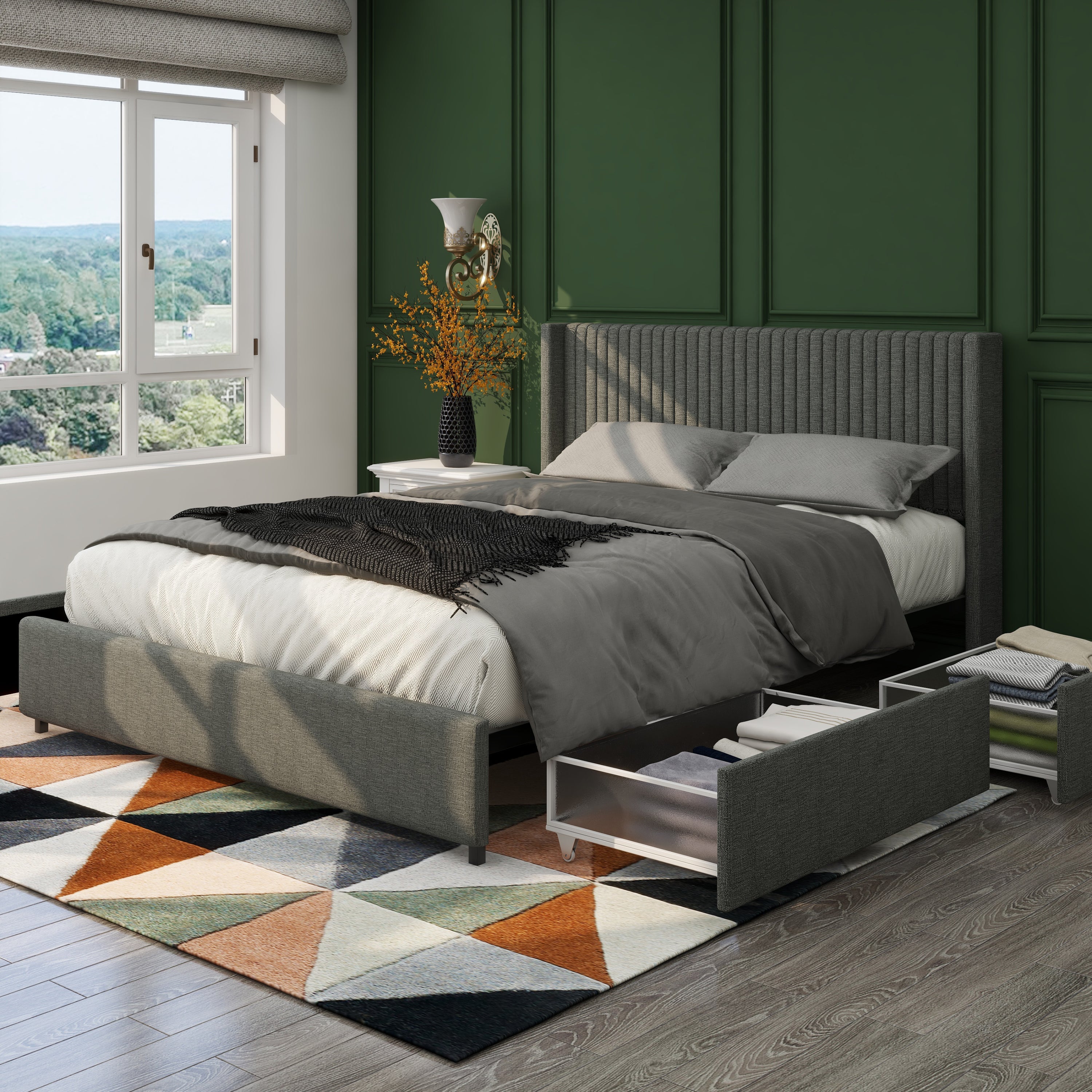 Anna Full Size Gray Linen Upholstered Wingback Platform Bed with Patented 4 Drawers Storage, Modern Design Headboard with Tight Channel, Wooden Slat Mattress Support No Box Spring Needed - Atlantic Fine Furniture Melbourne FL