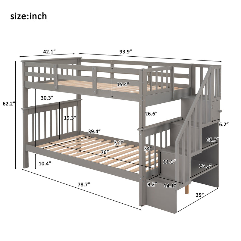 Stairway Twin-Over-Twin Bunk Bed with Storage and Guard Rail for Bedroom, Dorm, Gray color(OLD SKU :LP000109AAE)