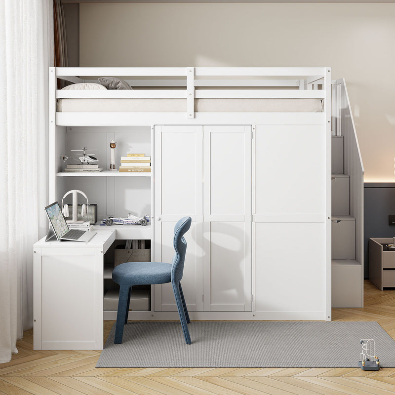 Loft Bed With Wardrobe, Desk And Shelves