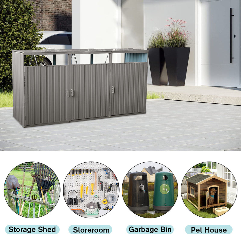 Garbage Bin Shed Stores 2 Trash Cans Metal Outdoor Bin Shed For Garbage Storage, Stainless Galvanized Steel, Bin Shed For Garden Yard Lawn