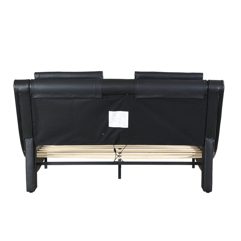 Faux Leather Upholstered Platform Bed Frame with led lighting,Bluetooth connection to play music control,Backrest vibration massage,Curve Design, Wood Slat Support, No Box Spring Needed,King