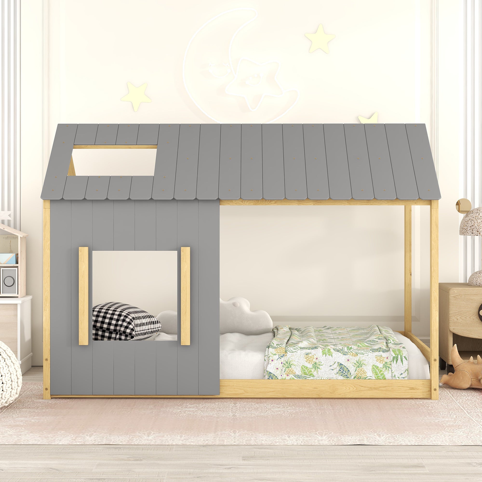Twin Size House Bed with Roof and Window - Gray+Natural - Atlantic Fine Furniture Melbourne FL