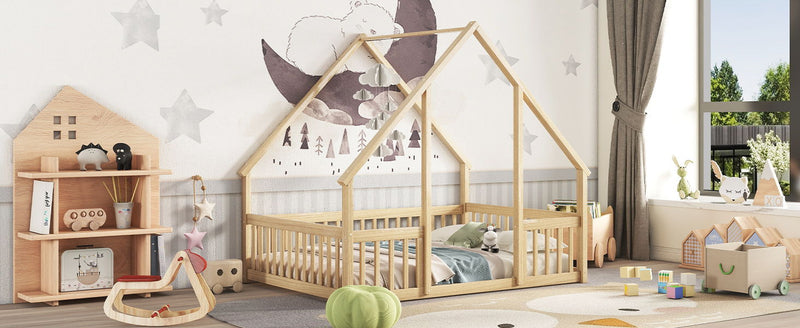 Wood House-Shaped Floor Bed With Fence, Guardrails