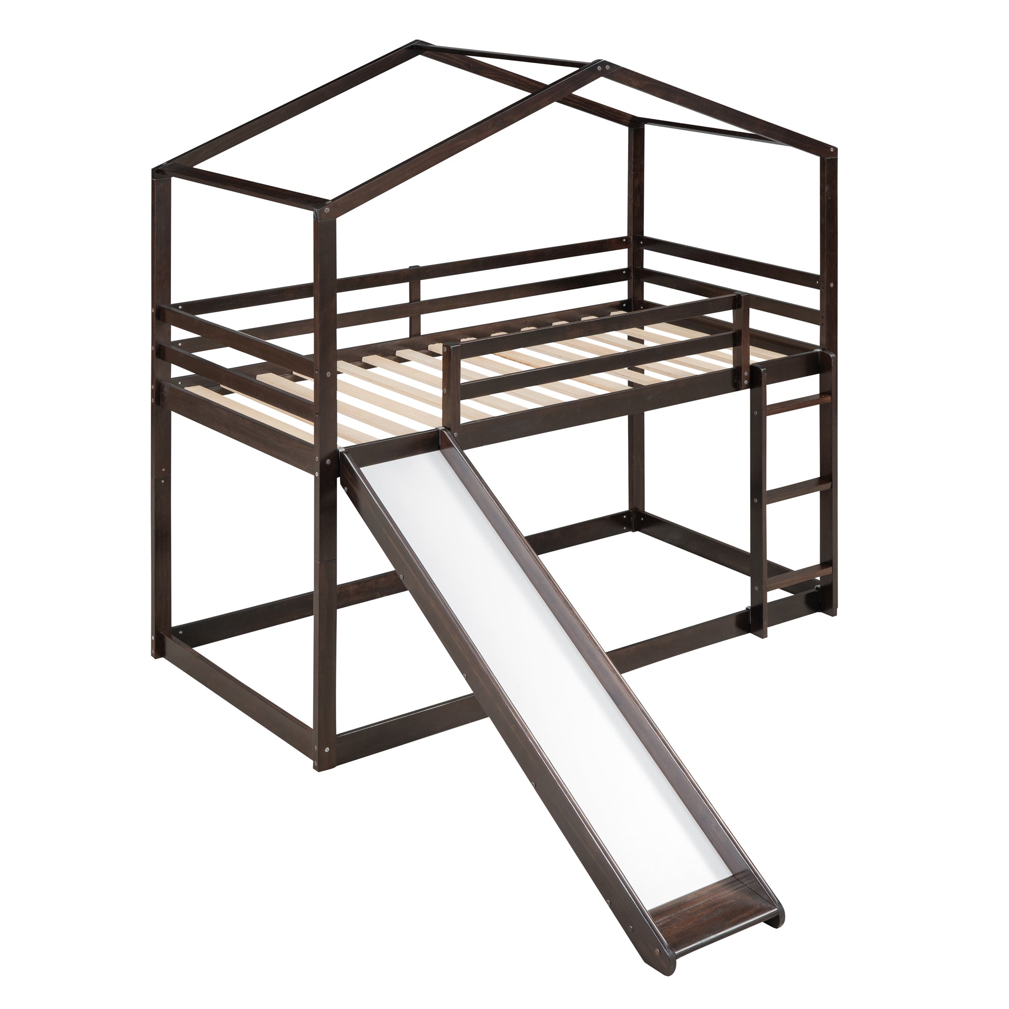 Twin Over Twin Bunk Bed with Roof, Slide and Ladder, Espresso - Atlantic Fine Furniture Melbourne FL
