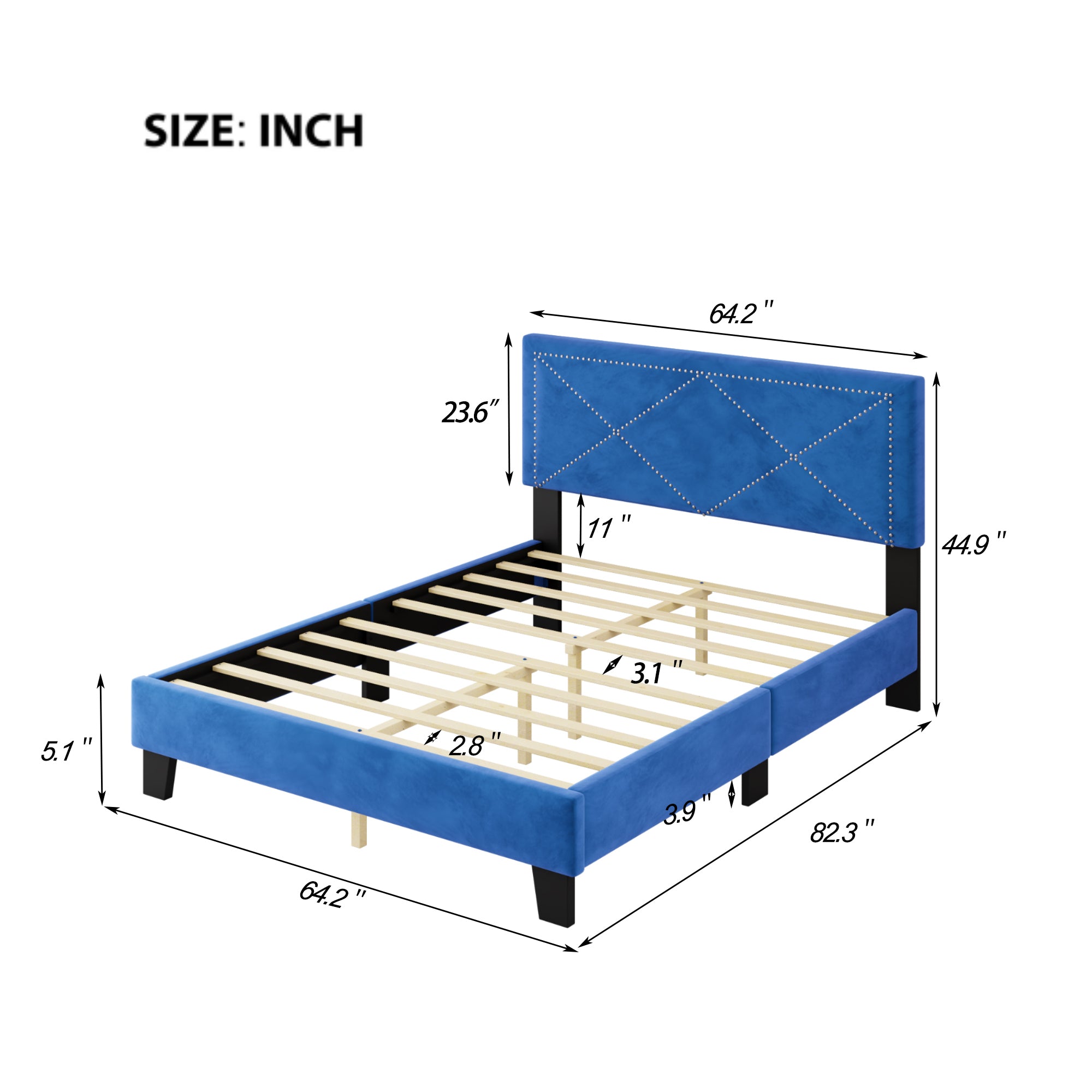 Simple Queen Size Upholstered Bed Frame with Rivet Design, Modern Velvet Platform Bed with headboard, Blue - Atlantic Fine Furniture Melbourne FL