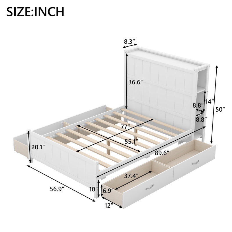 Full Size Platform Bed with Drawers and Storage Shelves, White