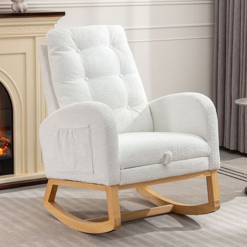 Accent Rocking Chair With Footrest High Back Rubber Wood Rocking Legs Bedroom Living Space - White