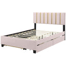 Upholstered Platform Bed With 2 Drawers And 1 Trundle, Classic Strip Headboard Design