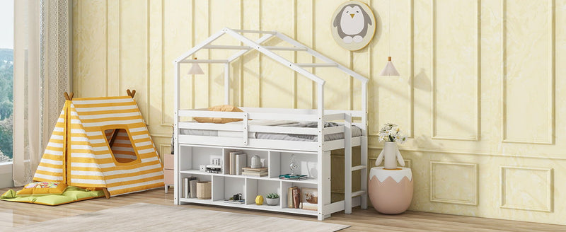 House Loft Bed With Roof Frame, Under Bed Shelving Storage Unit, Guardrails, Ladder