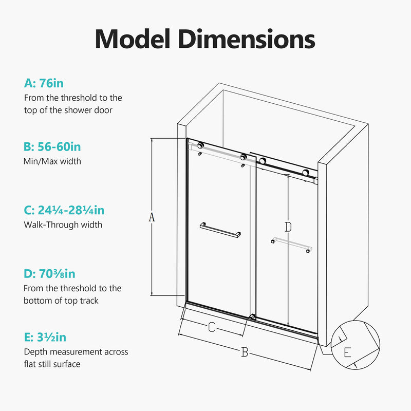 Frameless Double Sliding Soft Close Shower Door, Tempered Glass