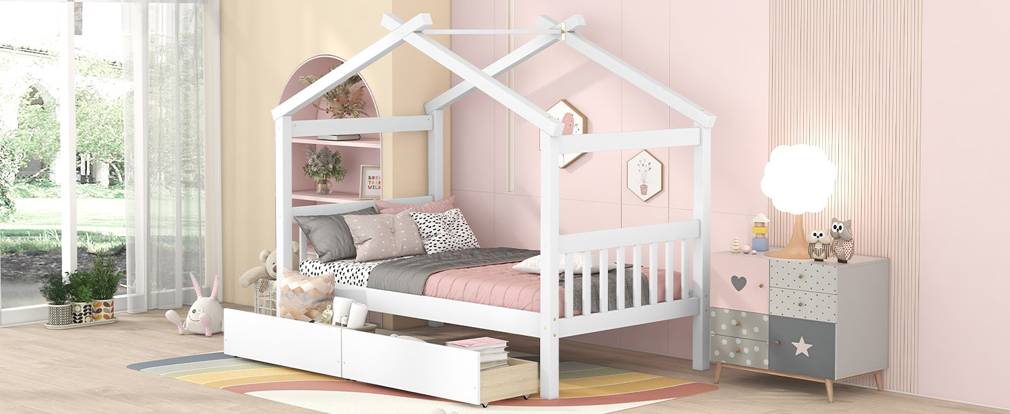 Twin Size Wooden House Bed with Drawers, White - Atlantic Fine Furniture Melbourne FL