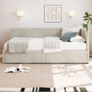 L-Shape Corner Bed, Corduroy Upholstered Daybed With 2 Storage Drawers And Vertical Striped Design