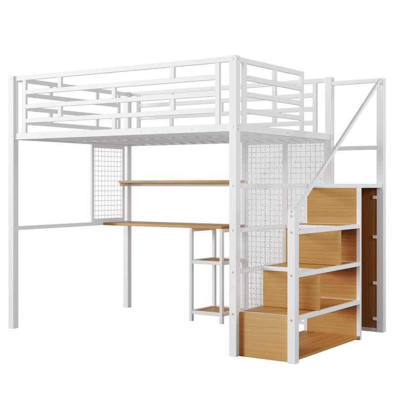 Metal Loft Bed With Wardrobe, Desk, Storage Shelves
