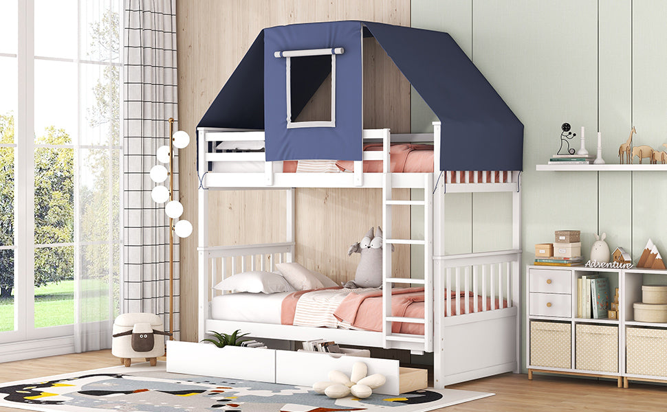 Twin Over Twin Bunk Bed Wood Bed with Tent and Drawers, White+Blue Tent - Atlantic Fine Furniture Melbourne FL