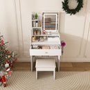 LED Vanity Mirror With Stool, 2 Drawers & 5 Storage Cabinets, Adjustable Lighting Mdf Dressing Table For Bedroom - White