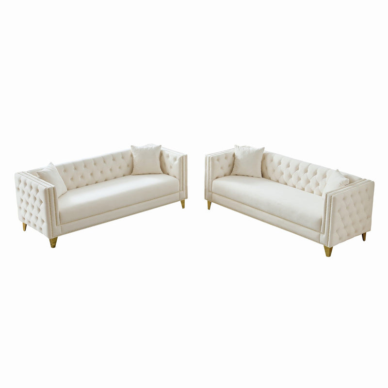 3 And 3 Seater Deep Seat Sofa With Button Nailhead And Square Arm Design - Beige