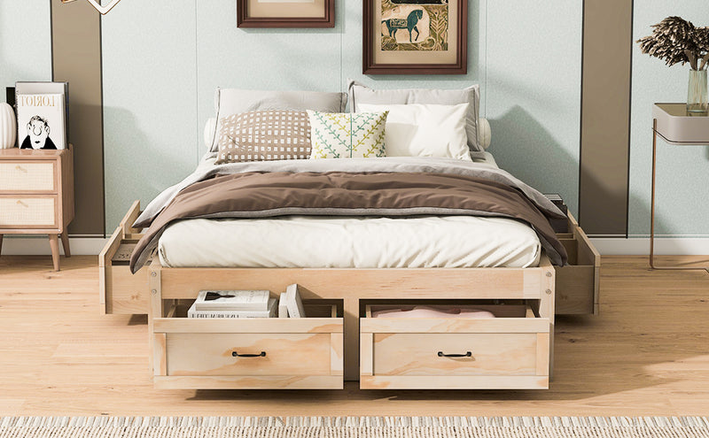 Full Size Platform Bed with 6 Storage Drawers,Antique Natural