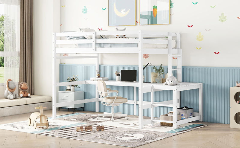 Loft Bed With Built-In Desk, Ladder Platform, Ladders, Guardrails